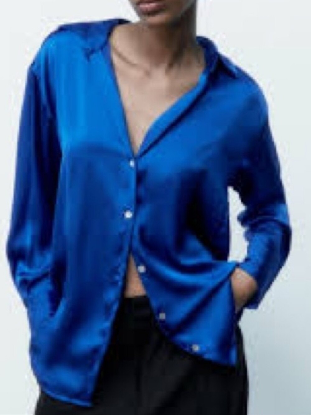 Zara Blue Satin Button Down Shirt Long Sleeve Oversized Blouse